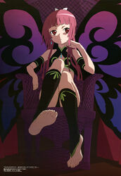  absurdres armband barefoot blunt_bangs butterfly_wings chair cleavage_cutout clothing_cutout earrings feet female flat_chest fujii_shingo full_body head_rest highres insect_wings jewelry kneehighs legs long_hair megami_magazine nose_shade official_art pink_hair red_eyes scan scan_artifacts sideways_glance sitting socks soles solo toes turtleneck umi_monogatari urin_(umi_monogatari) wings 