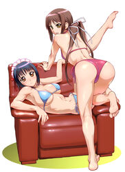  2girls ass back barefoot bent_over bikini blue_hair blush breasts brown_eyes brown_hair chair commentary_request feet fujikura_yuu hair_ribbon houjouin_seika large_breasts leg_lift legs looking_back lying maid multiple_girls orange_eyes princess_lover ribbon short_hair side-tie_bikini_bottom smile soles swimsuit twintails ueyama_michirou underboob 