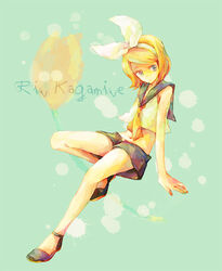  blonde_hair blue_eyes commentary_request den female hair_ribbon kagamine_rin midriff photoshop_(medium) ribbon short_hair shorts solo vocaloid 