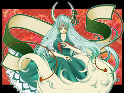  commentary_request ex-keine facial_mark female green_hair horns kamishirasawa_keine kisaragi_you long_hair red_eyes solo tail touhou very_long_hair yellow_eyes 