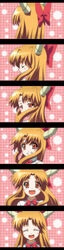  absurdres anime_coloring blonde_hair bow commentary_request female grin hairbow happy highres horns ibuki_suika long_hair mukai oerba_yun_fang open_mouth red_eyes sequential smile touhou 