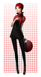  bag black_hair boots commentary_request female miniskirt original pantyhose red_eyes scarf skirt solo zou_azarashi 