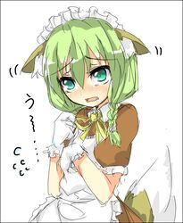  animal_ears aqua_eyes blush braid commentary_request ears_down fangs female fidgeting fox_ears fox_tail gloves green_hair maid original saitou_kon shingetsu_takehito sketch solo tail 