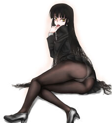  ass black_hair commentary_request female girlfriend_(houkago_play) high_heels houkago_play legs long_hair lying naughty_face panties panties_under_pantyhose pantyhose scharfschutze shoes skirt solo tongue underwear very_long_hair yellow_eyes 