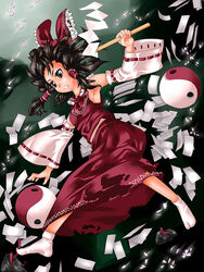  armpits bad_id bad_pixiv_id bare_shoulders bow brown_eyes brown_hair detached_sleeves female frilled_bow frills full_body gohei hairbow hakurei_reimu holding ofuda okobo orb red_bow red_shirt red_skirt ribbon-trimmed_sleeves ribbon_trim sandals shirt short_hair skirt socks solo tabi touhou white_socks yin_yang yin_yang_orb yoshino_(yoshinon) 