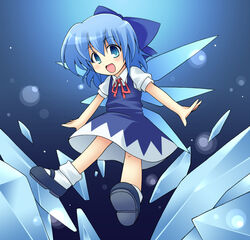  :d blue_eyes blue_hair bow cirno commentary_request female ice looking_at_viewer mary_janes open_mouth outstretched_arms partial_commentary pure_(kawamoto_nami) shoes short_hair smile solo spread_arms touhou wings 