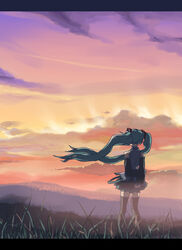  aqua_hair arm_behind_back cloud detached_sleeves female field from_behind hatsune_miku katagiri letterboxed long_hair skirt sky solo sunset thighhighs twintails very_long_hair vocaloid wind zettai_ryouiki 