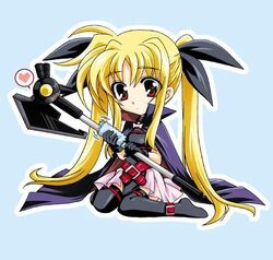  bardiche_(device_form)_(nanoha) bardiche_(nanoha) blonde_hair blush chibi fate_testarossa fate_testarossa_(original_form) female full_body gloves heart jpeg_artifacts kanna_(plum) long_hair lyrical_nanoha magical_girl mahou_shoujo_lyrical_nanoha polishing red_eyes showgirl_skirt solo spoken_heart thighhighs twintails very_long_hair 