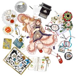  antique_phone bad_id bad_pixiv_id bird bloomers blue_eyes book brown_hair bug butterfly cage cake corded_phone doll dress female flower food gothic_lolita highres key lolita_fashion long_hair lying mirror original pastry pen phone pocket_watch rotary_phone scissors solo tea todoroki_sora underwear watch 