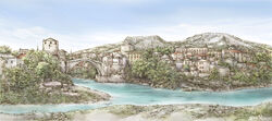  bridge city cityscape commentary_request copyright_request forest harada_midori landscape mountain nature no_humans outdoors photoshop_(medium) real_world_location river scenery 