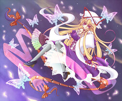  blonde_hair bug butterfly commentary_request detached_sleeves female gap_(touhou) gloves hand_fan hat high_heels kisaragi_you long_hair mary_janes purple_eyes shoes solo thighhighs touhou yakumo_yukari 