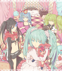  4girls animal_ears apple aqua_eyes aqua_hair bad_id bad_pixiv_id bed belt belt_buckle bikini black_bikini black_rock_shooter black_rock_shooter_(character) black_shorts blue_eyes blue_hair buckle cake candy food front-tie_bikini_top front-tie_top fruit green_eyes green_hair gurumo hatsune_miku hatsune_miku_(roshin_yuukai/nitamagomix) indoors lol_-lots_of_laugh-_(vocaloid) lollipop long_hair macaron midriff mouth_hold multiple_girls multiple_persona navel no_shirt pastry romeo_to_cinderella_(vocaloid) roshin_yuukai_(vocaloid) scrunchie shorts songover stomach stuffed_animal stuffed_rabbit stuffed_toy swimsuit swirl_lollipop twintails vocaloid 