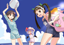  3girls :o backpack bag bakemonogatari baseball chiyomi commentary_request crossover day flower green_ribbons hachikuji_mayoi hair_flower hair_ornament hair_ribbon hat monogatari_(series) multiple_crossover multiple_girls oerba_yun_fang one-piece_swimsuit open_mouth remilia_scarlet ribbon school_swimsuit shading_eyes striped suzukawa_koume swimsuit taishou_yakyuu_musume touhou twintails 