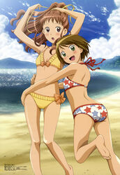  2girls :d absurdres akeno_mihoshi ass barefoot beach bikini blush bow day feet flat_chest hara_yumiko highres hug leg_up legs long_hair looking_back makita_hime megami_magazine multiple_girls official_art open_mouth outdoors polka_dot polka_dot_bow ponytail short_hair smile sora_no_manimani standing swimsuit 