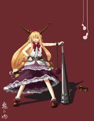  blush chains club_(weapon) commentary_request female horns ibuki_suika kanabou long_hair mamemaki masu one_eye_closed orange_hair setsubun solo spiked_club touhou weapon yammy_(cellblo) yellow_eyes 