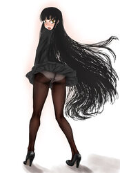  ass black_hair blush commentary_request female girlfriend_(houkago_play) houkago_play legs long_hair looking_back panties panties_under_pantyhose pantyhose pantyshot scharfschutze skirt solo underwear very_long_hair wind wind_lift 