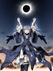  arms_up boots commentary_request doll_joints dress eclipse female grey_hair hairband joints kakashichi knee_boots long_hair pink_eyes rozen_maiden solar_eclipse solo suigintou wings 