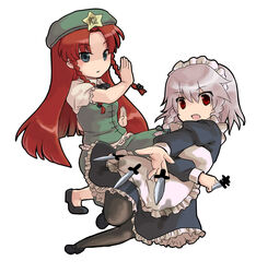  2girls ariori_haberi bad_id bad_pixiv_id blue_eyes braid china_dress chinese_clothes dress grey_hair hat hong_meiling izayoi_sakuya knife long_hair multiple_girls red_eyes red_hair short_hair touhou twin_braids 