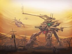  bare_tree battle cannon car commentary_request gatling_gun gtd-carthage gun mecha motor_vehicle orange_sky original outdoors power_lines robot size_difference sky smoke tree turret upper_body utility_pole weapon 