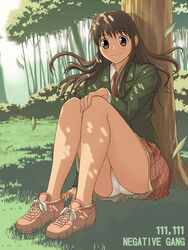  artist_request blush brown_eyes brown_hair dappled_sunlight female forest konjiki_no_gash!! long_hair nature oumi_megumi panties pantyshot shade solo sunlight underwear wind 