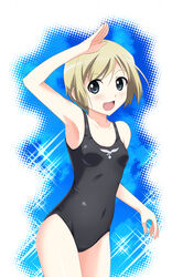  armpits blonde_hair blue_eyes commentary_request erica_hartmann female hyokkori_tamago one-piece_swimsuit salute short_hair solo strike_witches swimsuit world_witches_series 