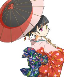  black_hair commentary_request female hair_ornament heterochromia ishioto japanese_clothes kimono looking_back oil-paper_umbrella ponytail red_eyes sakamoto_mio solo strike_witches umbrella world_witches_series yellow_eyes 