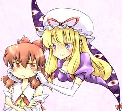  2girls :&lt; blonde_hair bow brown_hair cheek_pinching commentary_request detached_sleeves elbow_gloves gap_(touhou) gloves hair_ribbon hakurei_reimu hana_azuki hat long_hair multiple_girls pinching purple_eyes red_eyes ribbon short_hair touhou white_gloves yakumo_yukari 