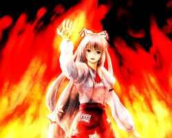  commentary_request dark female fire fujiwara_no_mokou g_gundam gundam hair_ribbon k.k king_of_hearts_(gundam) long_hair open_mouth pants parody red_eyes ribbon shining_finger shirt solo suspenders touhou very_long_hair white_hair white_shirt 