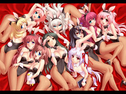  11eyes 6+girls animal_ears ass azuma_shione bird black_hair blonde_hair blue_eyes blush book breast_suppress breasts brown_hair choker cleavage flat_chest glasses high_heels highres hirohana_yukiko kouno_mio kuroshiba_kanae kusakabe_misuzu large_breasts letterboxed lisette_vertorre long_hair lying medium_breasts minase_yuka momose_shiori multiple_girls natsuki_kaori pantyhose penguin photoshop_(medium) pink_hair playboy_bunny purple_eyes rabbit_ears rabbit_tail red_eyes red_hair ribbon shoes short_hair stuffed_animal stuffed_toy tail tajima_takahisa white_hair yellow_eyes zen_(kamuro) 