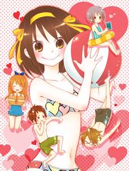  2boys 3girls asahina_mikuru bad_id bad_pixiv_id ball barefoot beachball bikini brown_hair chibi feet heart koizumi_itsuki kyon moffunnyo multiple_boys multiple_girls nagato_yuki picnic_basket shorts smile suzumiya_haruhi suzumiya_haruhi_no_yuuutsu swimsuit 