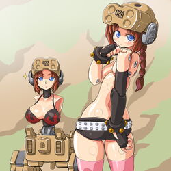  2girls ass bad_id bad_pixiv_id bikini bikini_top_only blue_eyes braid breasts brown_hair busou_shinki cosplay dd_(ijigendd) doll_joints fingerless_gloves fort_bragg gloves joints large_breasts long_hair mecha_musume multiple_girls pink_thighhighs short_hair shorts swimsuit tengen_toppa_gurren_lagann thighhighs yoko_littner yoko_littner_(cosplay) 