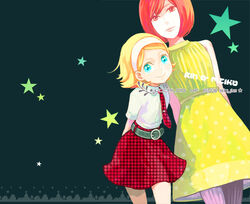  2girls ariori_haberi belt blonde_hair blue_eyes casual dress hairband kagamine_rin meiko_(vocaloid) multiple_girls necktie red_eyes red_hair short_dress short_hair skirt smile star_(symbol) vocaloid 