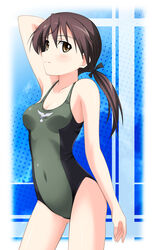  brown_eyes brown_hair commentary_request female gertrud_barkhorn hyokkori_tamago one-piece_swimsuit ponytail solo strike_witches swimsuit world_witches_series 