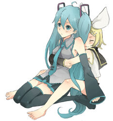  2girls :3 ahoge aqua_eyes aqua_hair barefoot blonde_hair commentary_request detached_sleeves feet hair_ornament hair_ribbon hairclip hatsune_miku hug kagamine_rin long_hair multiple_girls necktie photoshop_(medium) ribbon short_hair sitting skirt smile thighhighs twintails very_long_hair vocaloid yoshi_92 yuri zettai_ryouiki 