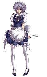  apron bad_id bad_pixiv_id braid female grey_hair izayoi_sakuya knife maid purple_eyes short_hair solo thighhighs touhou twin_braids yuru_(kashima) 