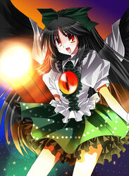  bikuto_ryuu black_hair bow commentary_request female long_hair photoshop_(medium) red_eyes reiuji_utsuho solo touhou wings 