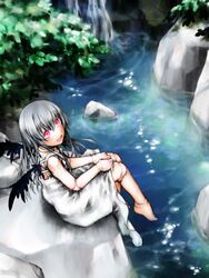  barefoot commentary_request doll_joints feet female from_above grey_hair joints kakashichi long_hair nature pink_eyes rozen_maiden solo suigintou water wings 