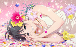  antenna_hair bare_arms bare_shoulders black_hair blue_eyes blue_petals commentary_request dress falling_petals female flower hair_ornament hands happy holding holding_jewelry holding_necklace idolmaster idolmaster_(classic) jewelry kikuchi_makoto looking_at_viewer lying necklace on_side petals photoshop_(medium) pink_flower pink_petals purple_flower red_flower red_petals short_hair smile solo sparkle sparkle_background sundress upper_body yachiwo yellow_flower yellow_petals 