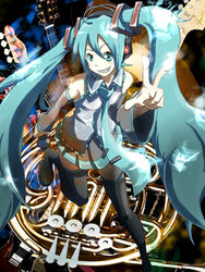  aqua_eyes aqua_hair bad_id bad_pixiv_id bass_guitar female french_horn guitar hatomune6 hatsune_miku headphones headset instrument legs long_hair microphone necktie skirt smile solo thighhighs twintails v very_long_hair vocaloid zettai_ryouiki 