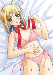  ahoge artoria_pendragon_(fate) ayano_naoto bed bed_sheet blonde_hair blush bra choker cover fate/stay_night fate_(series) female green_eyes lingerie lying on_back panties pink_bra pink_panties ribbon ribbon_choker saber_(fate) side-tie_panties solo underwear underwear_only 