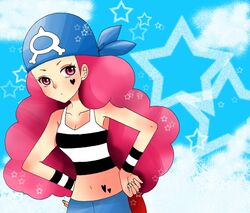  ageha bad_id bad_pixiv_id bandana bare_shoulders blush breasts cleavage crop_top female hands_on_own_hips heart long_hair midriff navel photoshop_(medium) pink_eyes pokemon pokemon_rse red_hair shelly_(pokemon) small_breasts solo star_(symbol) striped_tank_top tank_top team_aqua upper_body 