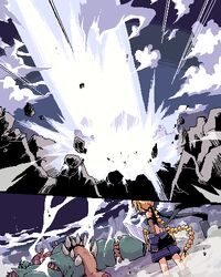  attack battle blonde_hair commentary_request explosion female girl_with_a_blonde_braid_(tomoshibi_hidekazu) long_hair lowres oekaki original sword tomoshibi_hidekazu weapon 