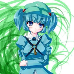  :/ blue_eyes blue_hair blunt_bangs breasts commentary_request female hair_bobbles hair_ornament hat holding_own_arm kawashiro_nitori key medium_breasts short_hair sidelocks solo tama_(speedgrapher) touhou twintails two_side_up upper_body wavy_mouth 