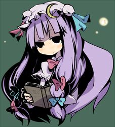  blunt_bangs book bow bowtie commentary_request female grimoire head_tilt holding holding_book long_hair ofly_(ofly252) patchouli_knowledge pink_bow red_bow red_bowtie shaded_face solo touhou very_long_hair 