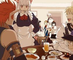  4boys 5girls alice_margatroid alternate_costume apron black_hair blonde_hair blue_eyes blush bow breasts buront commentary_request elf elvaan emu_(losspass) enmaided final_fantasy final_fantasy_xi food fujiwara_no_mokou hair_ribbon hairband hat houraisan_kaguya hume large_breasts long_hair maid multiple_boys multiple_girls naitou paladin_(final_fantasy) pointy_ears red_eyes ribbon rumia shameimaru_aya short_hair tarutaru the_iron_of_yin_and_yang tokin_hat touhou tray waitress white_hair 