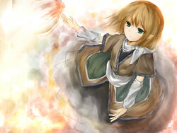  arm_warmers blonde_hair commentary_request female green_eyes metalwasabi mizuhashi_parsee photoshop_(medium) pointy_ears short_hair solo touhou 