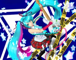  caution_tape commentary_request female fingerless_gloves gloves guitar hachune_miku hair_ribbon hatsune_miku instrument long_hair mamoru_(mamoru_jinja) necktie pink_hair plaid plaid_skirt ribbon skirt smile solo thighhighs twintails very_long_hair vocaloid zettai_ryouiki 