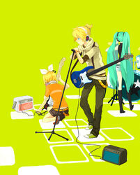  1boy 2girls alternate_costume aqua_hair ariori_haberi bass_guitar blonde_hair blue_eyes boots casual contemporary drum guitar hair_ribbon hatsune_miku headphones instrument kagamine_len kagamine_rin long_hair microphone microphone_stand multiple_girls ribbon short_hair short_shorts shorts speaker twintails vocaloid 