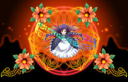  brown_hair cape commentary_request cross-laced_clothes dress female flower flying gradient_hair hair_spread_out hexagram highres hijiri_byakuren hokkai layered_dress long_hair long_sleeves magic_circle makai_(touhou) mountainous_horizon multicolored_hair open_mouth orange_flower orange_theme outstretched_arms photoshop_(medium) pure_(kawamoto_nami) purple_hair scroll smile solo sorcerer&#039;s_sutra_scroll spread_arms swept_bangs touhou tsurime white_dress yellow_eyes 