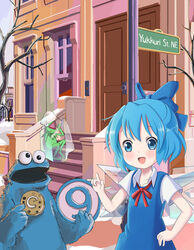  2boys :d \m/ blue_dress blue_eyes blue_hair blush bow chocolate_chip_cookie circled_9 cirno city cookie cookie_monster cross-eyed crossover day dress female food frog frozen frozen_frog hair_ribbon hand_on_own_hip kermit_the_frog lolicon looking_at_viewer multiple_boys muppets open_mouth outdoors parody photoshop_(medium) pun ribbon sesame_street short_hair sixten smile snow touhou tree wings winter yukkuri_shiteitte_ne 